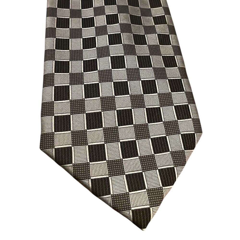 Valerio Garati Pure Silk Hand Made Square Pattern Tie Mens Necktie Black Gray